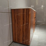 Contemporary High-Gloss Natural Wood Veneer Sideboard with White Marble Top, Double-Door Storage and Three Wide Drawers